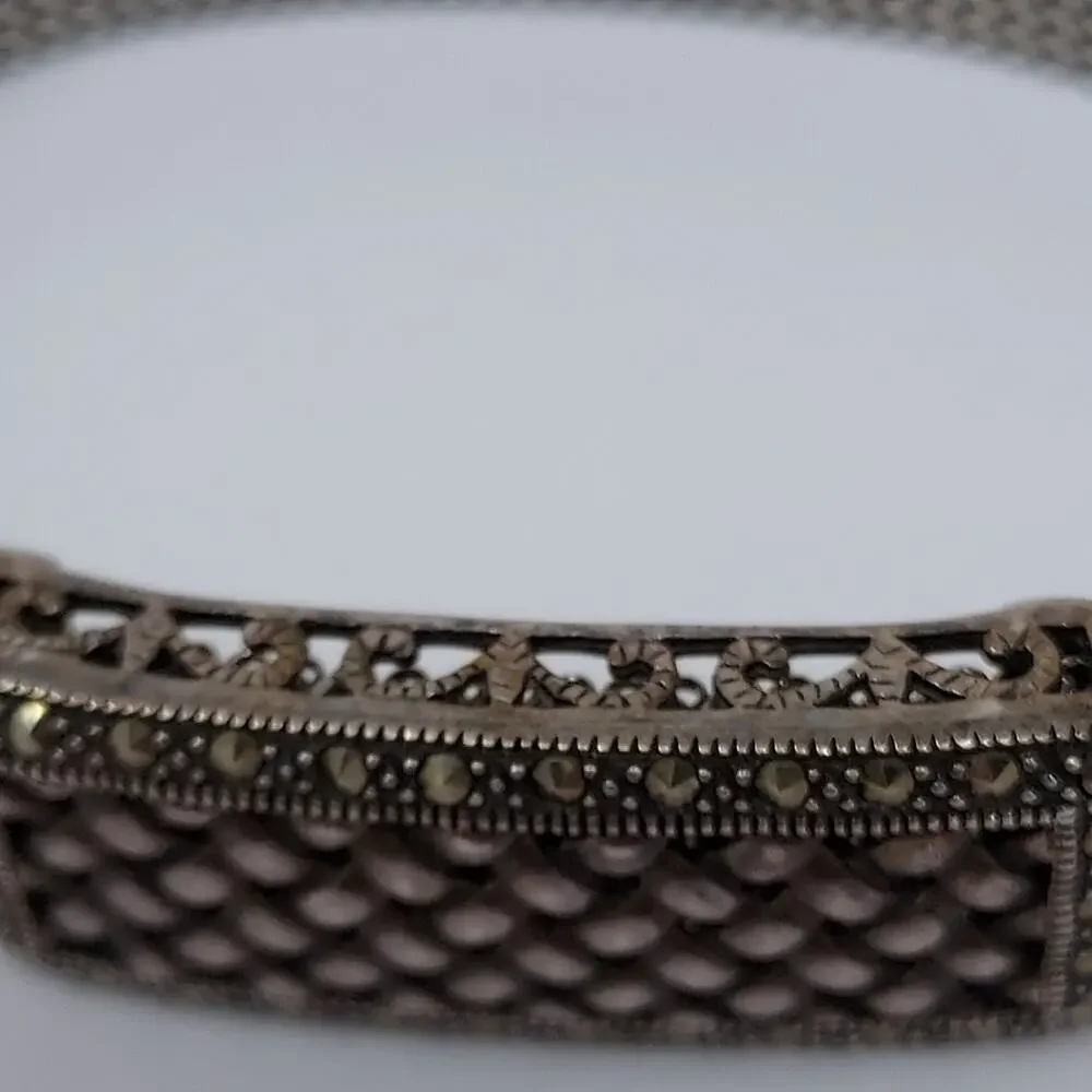 Aura TJM 925 Sterling Swarovski Marcasite Stretch Mesh Bracelet GG 6-7.5 2010